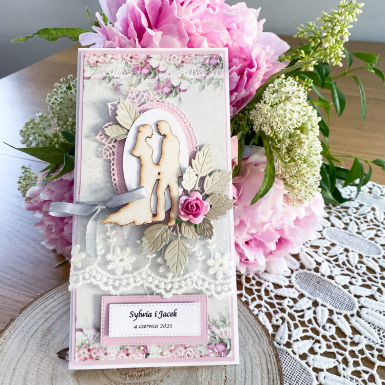 ręcznie wykonana kartka ślubna w szaro-różowej kolorystyce