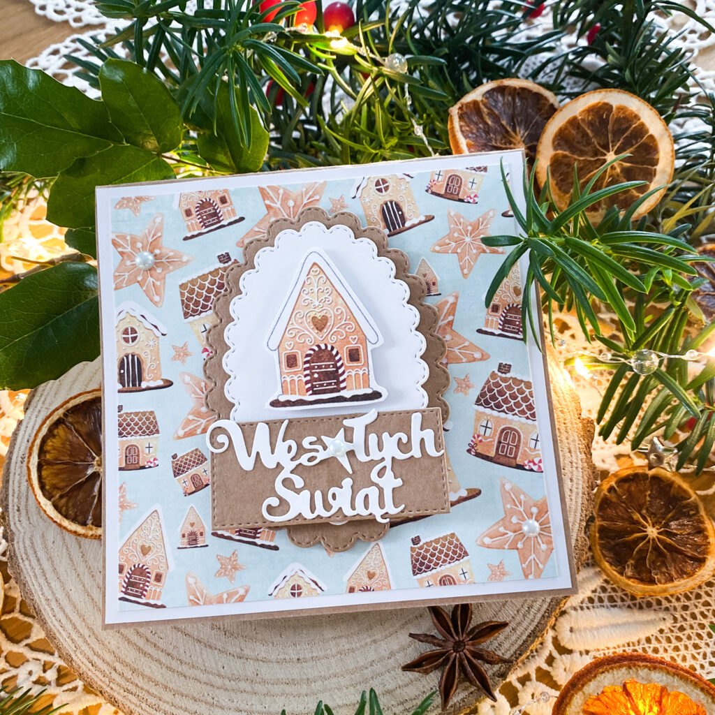 Ręcznie wykonana kartka na święta Bożego Narodzenia z piernikowym domkiem