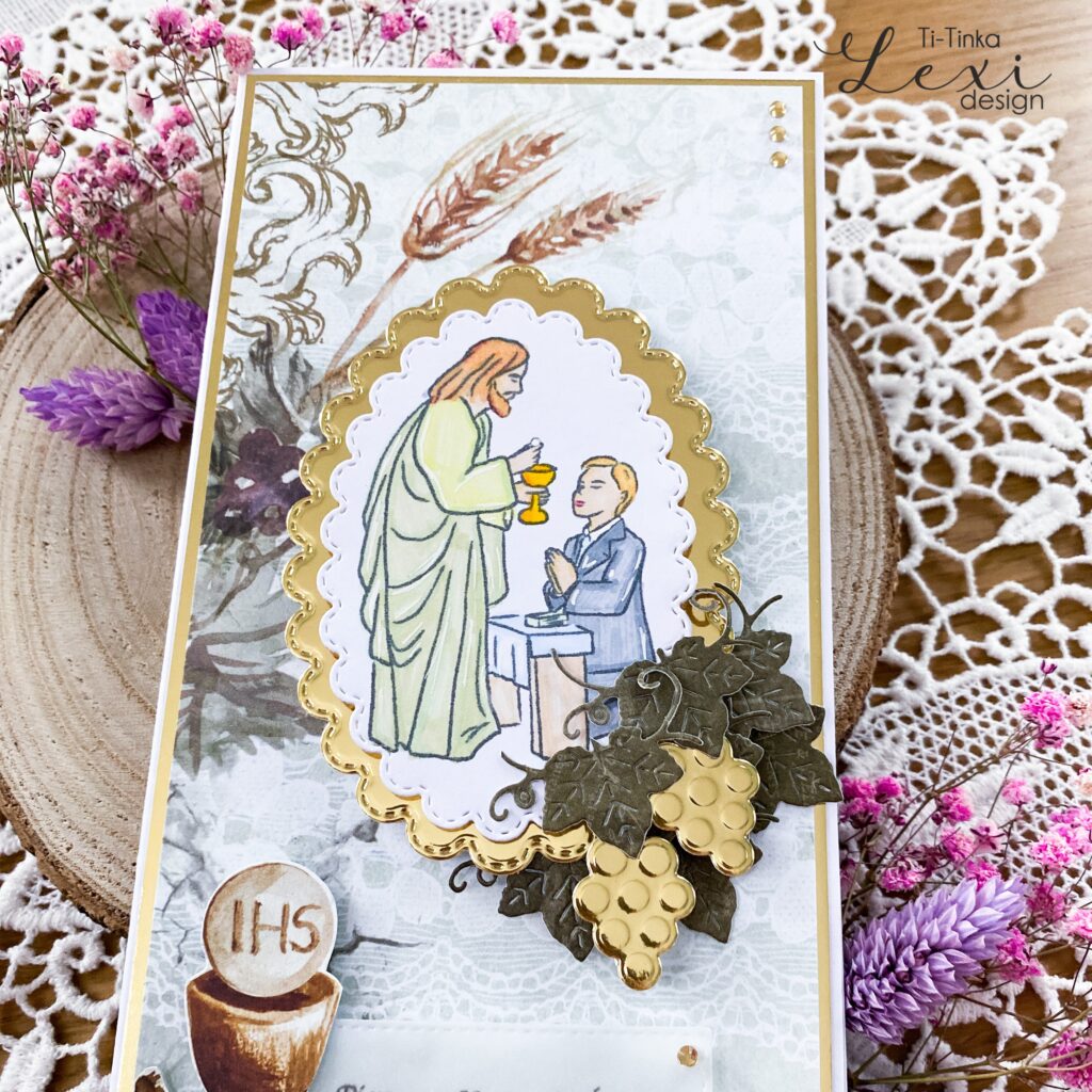 Ręcznie wykonana, w pełni personalizowana kartka na Pierwszą Komunię Świętą Leona. Głównym motywem kartki jest kolorowy stempel z Panem Jezusem udzielającym chłopcu Komunii.